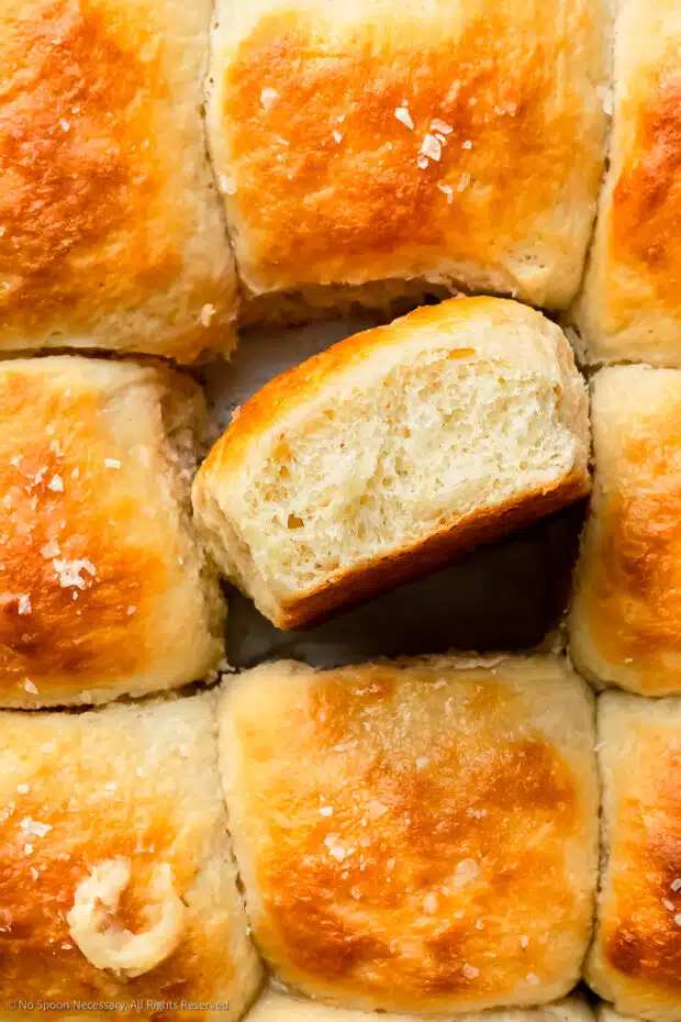 Close-up photo of the fluffy, buttery interior texture of yeasty rolls.