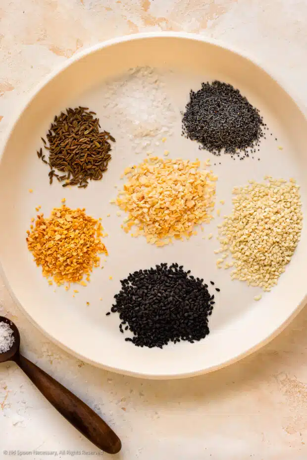 Overhead photo of the ingredients for everything bagel seasoning recipe.