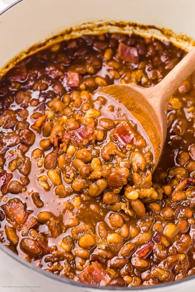 Angled photo of baked beans with bacon recipe in a large white pot with a wood serving spoon lifting up the beans. 