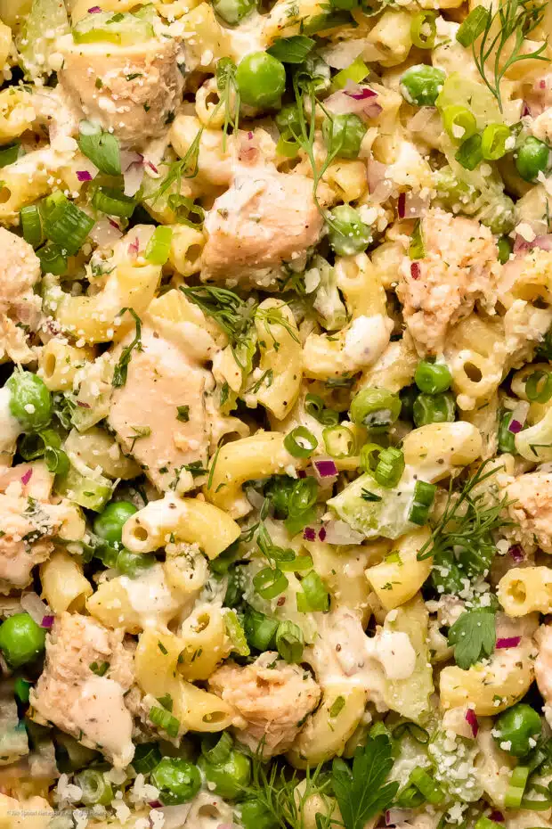 Close-up photo of tuna salad macaroni.