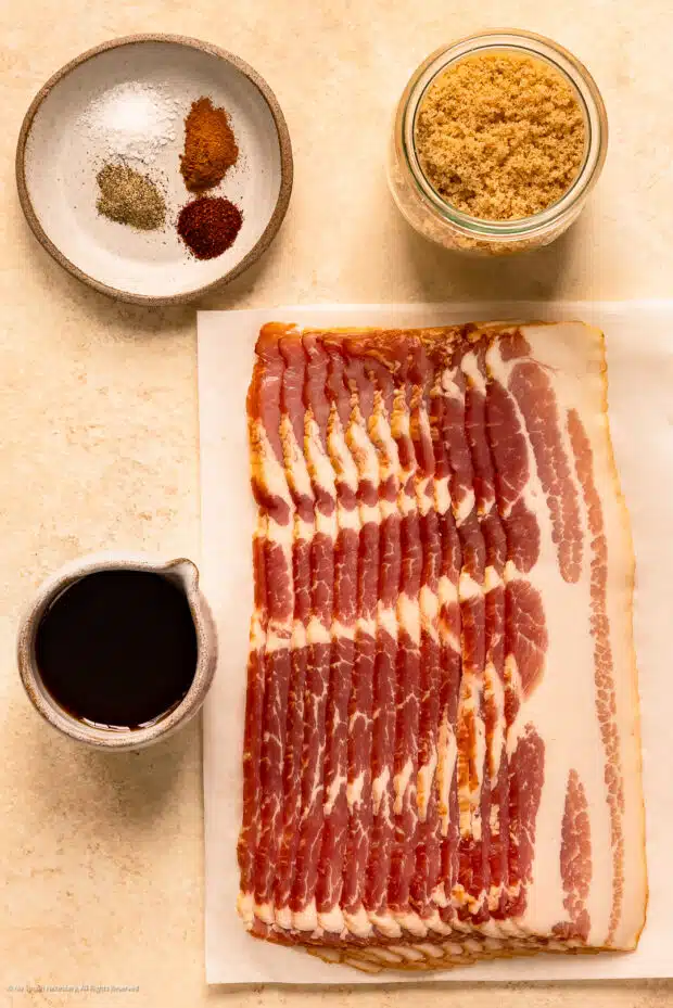 Overhead photo of the four ingredients to make recipe for candied bacon.