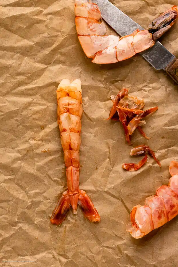 Overhead photo of a peeled and deveined shrimp.
