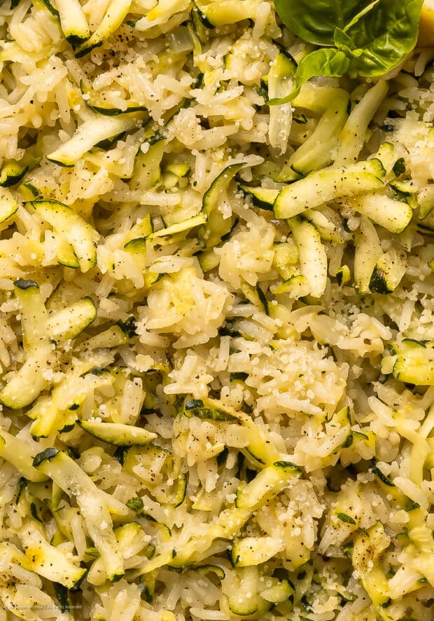 Close-up photo of prepared rice zucchini recipe.