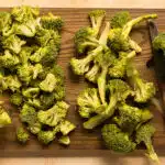 Overhead photo of two piles of cut broccoli florets - one pile with long stems and one pile with short stems.