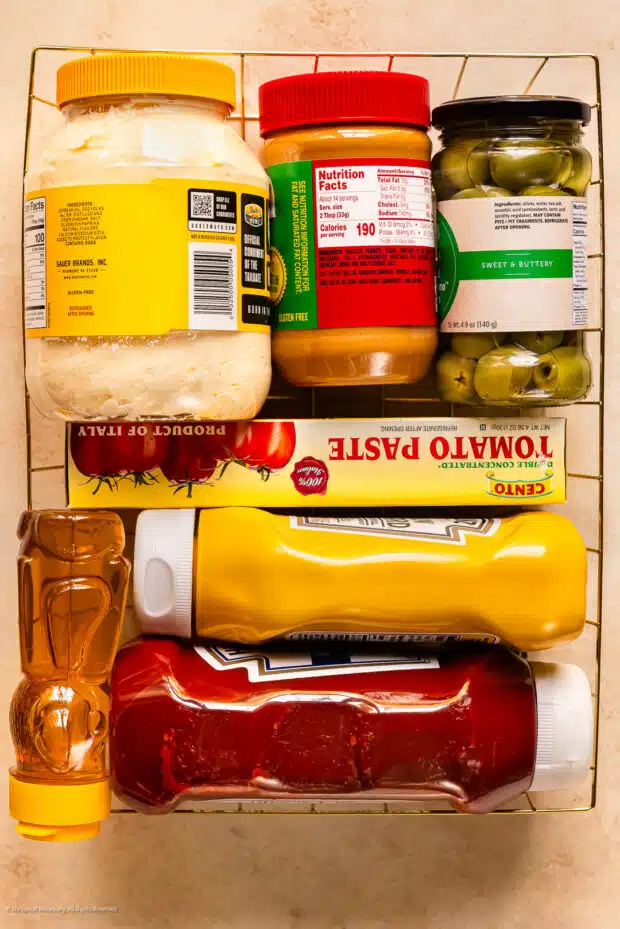 Overhead photo of condiments for stocking a pantry.