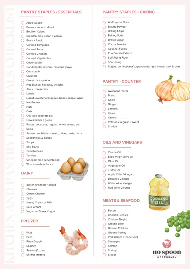 Printable grocery list of pantry must haves.