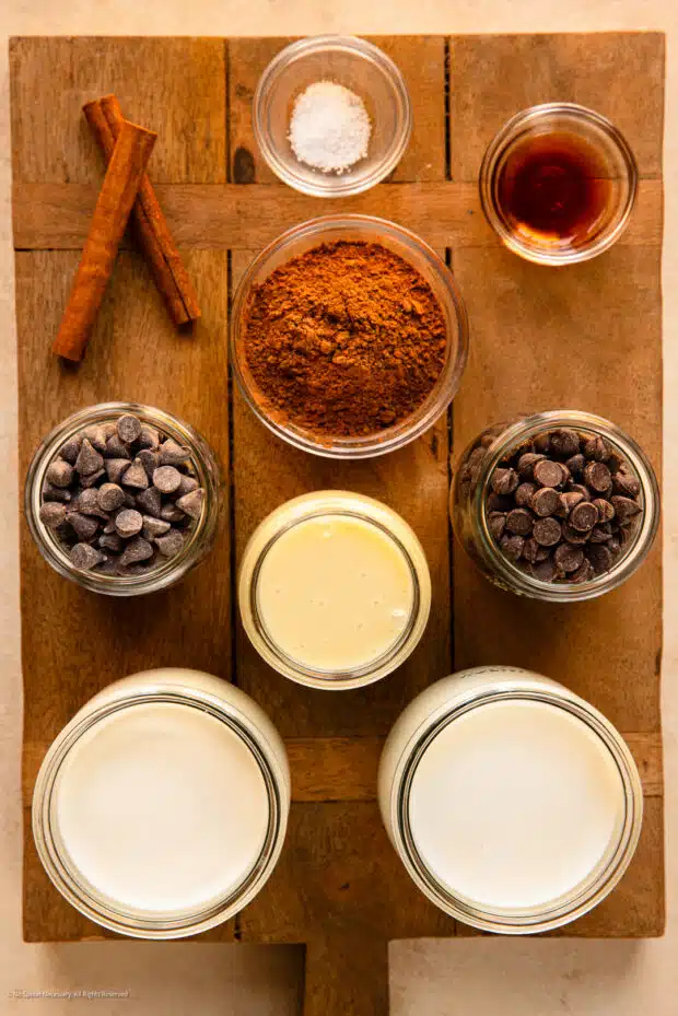 Overhead photo of the 8 ingredients for hot chocolate in slow cooker recipe neatly organized on a kitchen counter. 