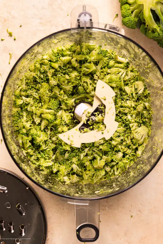 Overhead photo of broccoli rice in a food processor with the shredding disk next to the machine.